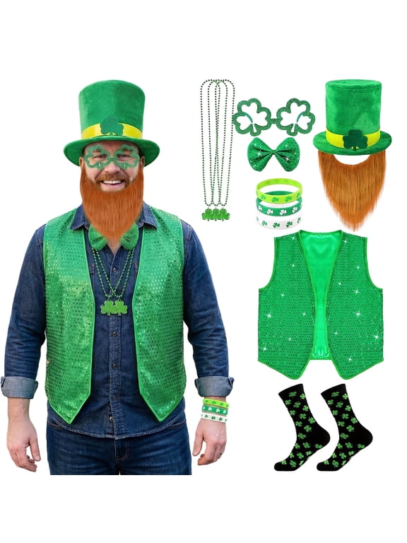 12 Pcs St Patrick's Day Costume Adult Green ST Patrick Day Costume Set Shamrock Hat with Faux Mustache St. Patrick Vest Beaded Shamrock Necklaces for Irish Party Decor