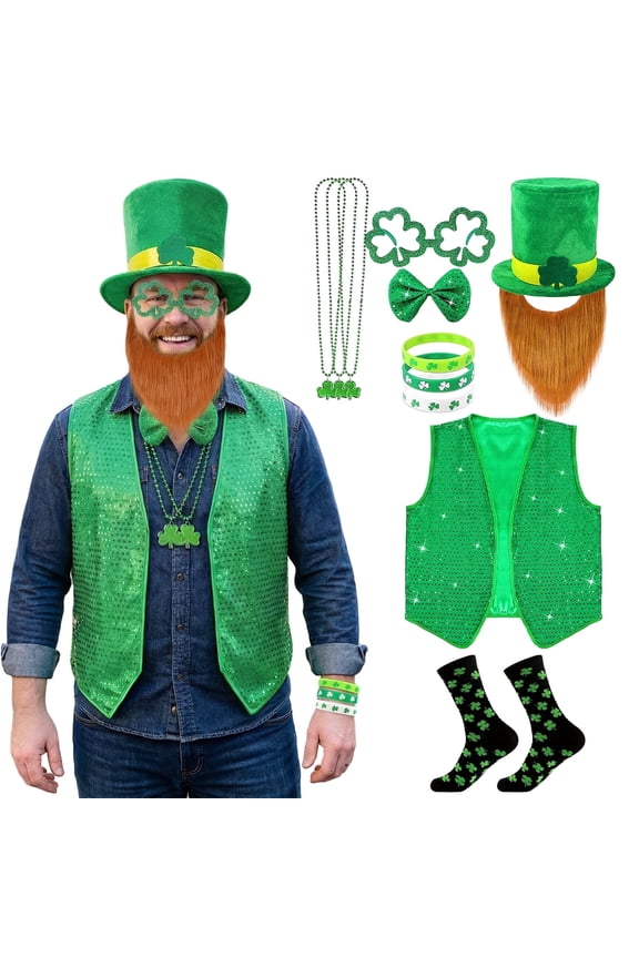12 Pcs St Patrick's Day Costume Adult Green ST Patrick Day Costume Set Shamrock Hat with Faux Mustache St. Patrick Vest Beaded Shamrock Necklaces for Irish Party Decor