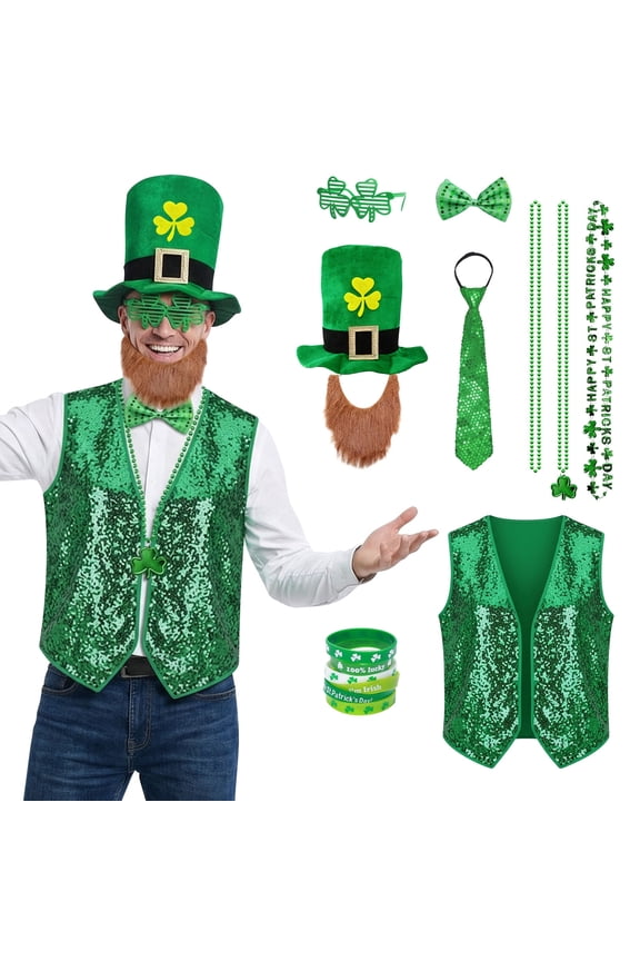 16 Pcs St Patrick's Day Costume Men Adult Green ST Patrick Day Costume Set Shamrock Hat with Faux Mustache St. Patrick Vest Beaded Shamrock Necklaces for Irish Party Decor