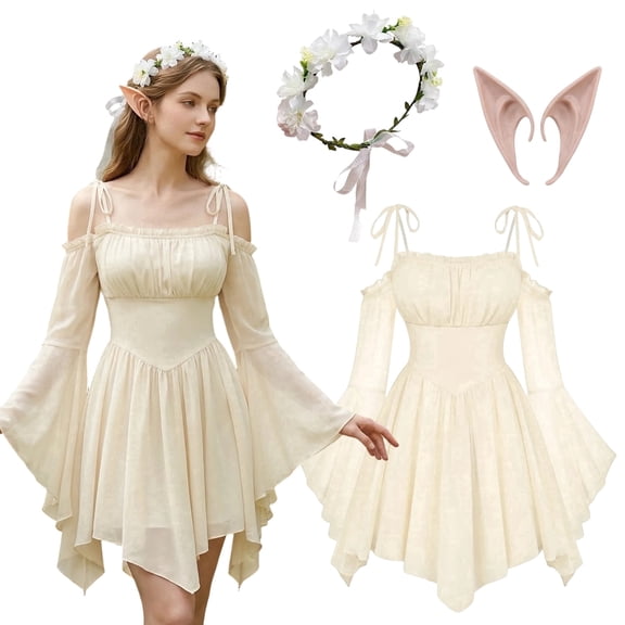 Alaiyaky 3 Pcs Womens Renaissance Fairy Dress A Line Boho Off Shoulder Bell Sleeve Fairy Dress for Halloween Cosplay and Themed Parties