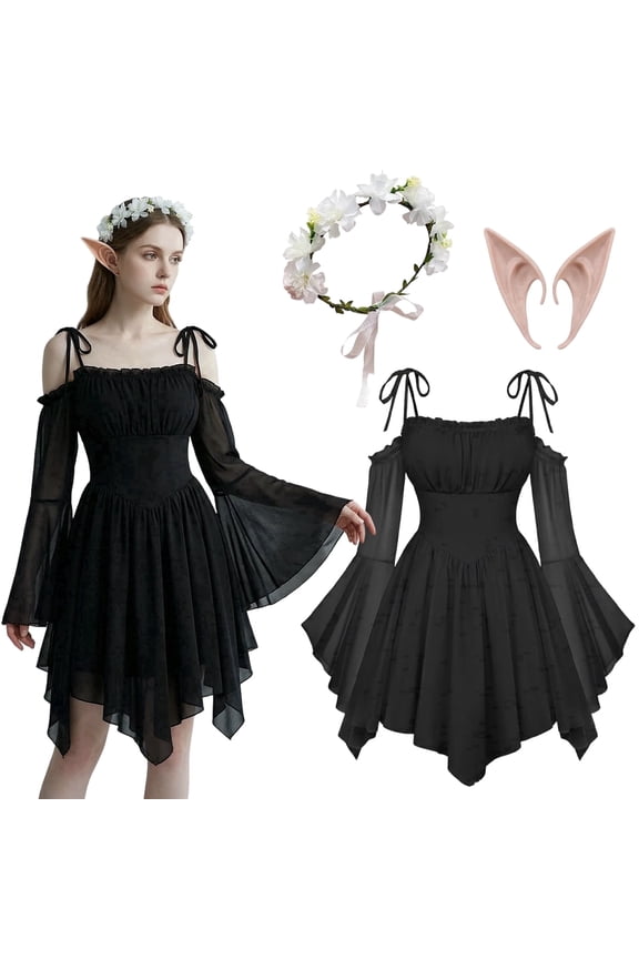 3 Pcs Womens Renaissance Fairy Dress A Line Boho Off Shoulder Bell Sleeve Fairy Dress for Halloween Cosplay and Themed Parties