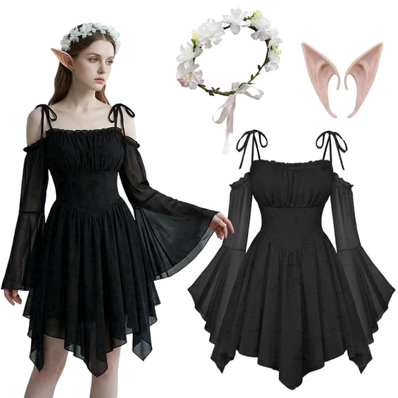 Alaiyaky 3 Pcs Womens Renaissance Fairy Dress A Line Boho Off Shoulder Bell Sleeve Fairy Dress for Halloween Cosplay and Themed Parties