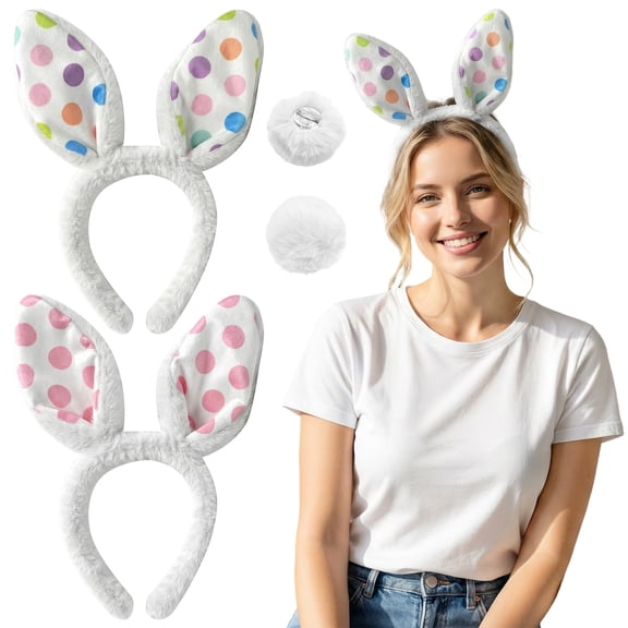 Alaiyaky 4PCS Bunny Ears Headband with Tail, Easter Plush Rabbit Ears Headband Tail Accessories Bunny Cosplay Costume Fancy Dress Up Accessories Easter Egg Hunt Decorations Party Spring Celebrations