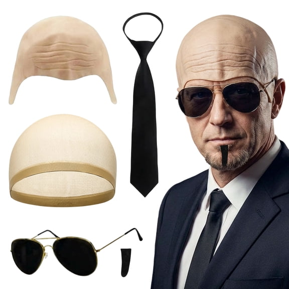 Alaiyaky 5 Pcs Halloween Bald Cap with Glasses and Mustache Bald Head Wig Cap Party Costume Accessories for Men Women Adults Cosplay Party