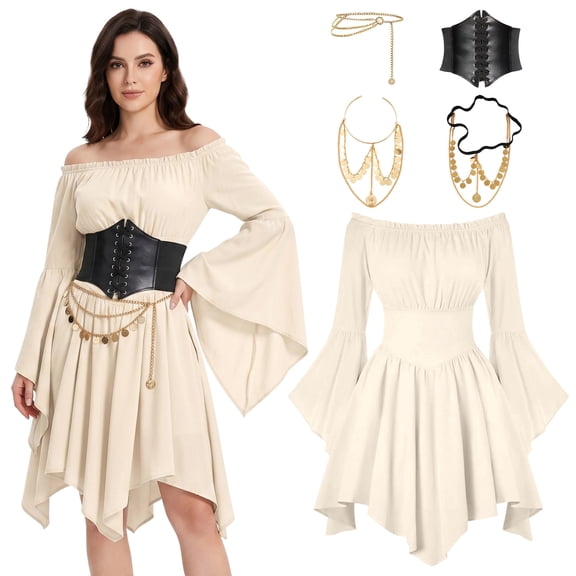 Alaiyaky 5 Pcs Women Pirate Costume Adult Renaissance Medieval Outfit Off Shoulder Bell Sleeve Fairy Dress for Halloween Cosplay and Themed Parties