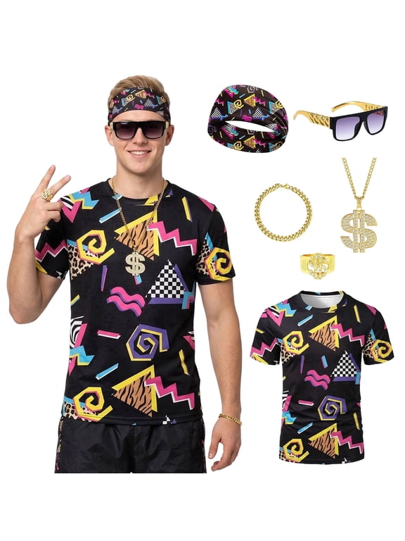 6 Pcs Mens 80s 90s Outfits Hip Hop Costumes Accessories Colorful T Shirt Set for Rock Disco Party