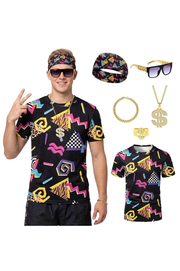 6 Pcs Mens 80s 90s Outfits Hip Hop Costumes Accessories Colorful T Shirt Set for Rock Disco Party