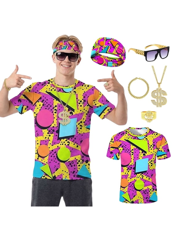 6 Pcs Mens 80s 90s Outfits Hip Hop Costumes Accessories Colorful T Shirt Set for Rock Disco Party