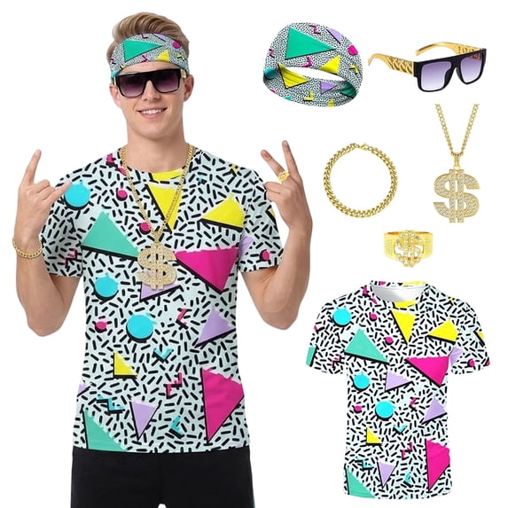 Alaiyaky 6 Pcs Mens 80s 90s Outfits Hip Hop Costumes Accessories Colorful T Shirt Set for Rock Disco Party