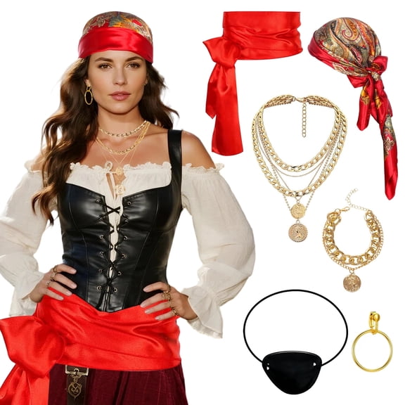 Alaiyaky 6 Pcs Pirate Accessories Set, Adult Captain Costume, Pirate Headscarf,Sash,Earrings,Eye Patch,Necklace,Bracelet for Halloween Cosplay Party