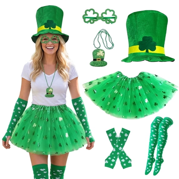 Alaiyaky 6 Pcs St Patrick's Day Costume Accessories Set Shamrock Hat Green Tutu Skirts Glasses Stocking Arm Warmers Bead Necklace for Irish Party Decor