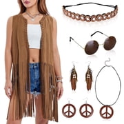 Alaiyaky 6Pcs 60s 70s Hippie Costume Set,Fancy Dress Cosplay Accessories with Fringe Vest Vintage Sunglasses Boho Accessories,Women Hippy Fancy Dress for Carnival Halloween Party