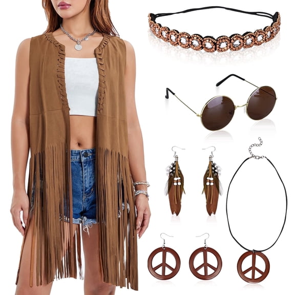 Alaiyaky 6Pcs 60s 70s Hippie Costume Set,Fancy Dress Cosplay Accessories with Fringe Vest Vintage Sunglasses Boho Accessories,Women Hippy Fancy Dress for Carnival Halloween Party