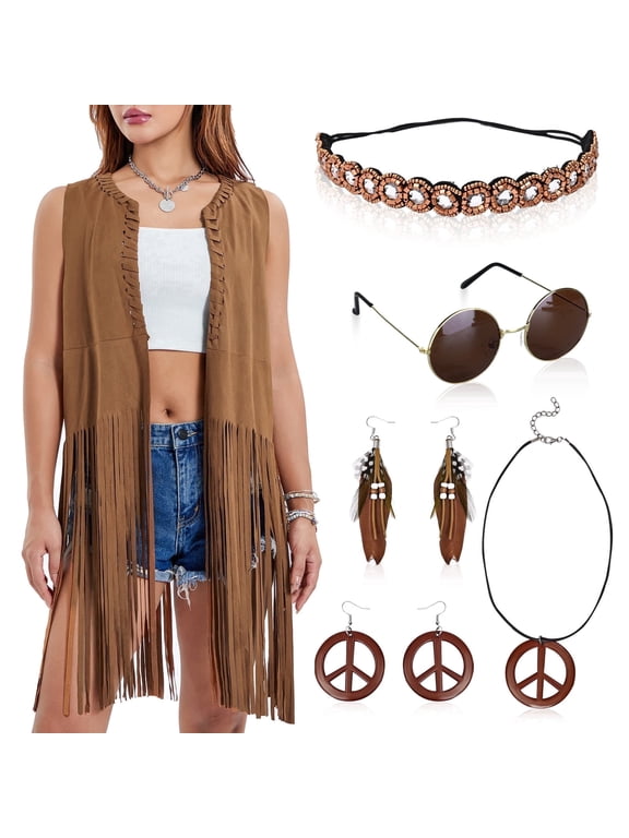 6Pcs 60s 70s Hippie Costume Set,Fancy Dress Cosplay Accessories with Fringe Vest Vintage Sunglasses Boho Accessories,Women Hippy Fancy Dress for Carnival Halloween Party