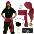 thumbnail image 1 of Alaiyaky 7 Pcs Pirate Accessories Set, Adult Captain Costume, Pirate Headscarf, Earrings,Ring,Eye Patch,Necklace,Bracelet,Hip Scarf for Halloween Cosplay Party, 1 of 7