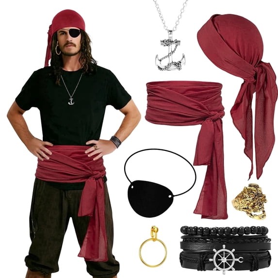 Alaiyaky 7 Pcs Pirate Accessories Set, Adult Captain Costume, Pirate Headscarf, Earrings,Ring,Eye Patch,Necklace,Bracelet,Hip Scarf for Halloween Cosplay Party
