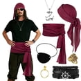 thumbnail image 1 of Alaiyaky 7 Pcs Pirate Accessories Set, Adult Captain Costume, Pirate Headscarf, Earrings,Ring,Eye Patch,Necklace,Bracelet,Hip Scarf for Halloween Cosplay Party, 1 of 7