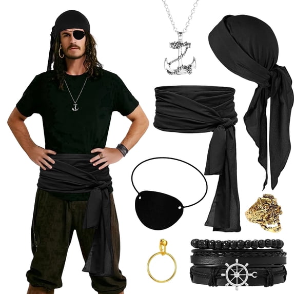 Alaiyaky 7 Pcs Pirate Accessories Set, Adult Captain Costume, Pirate Headscarf, Earrings,Ring,Eye Patch,Necklace,Bracelet,Hip Scarf for Halloween Cosplay Party