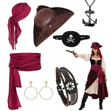 Alaiyaky 7 Pcs Pirate Accessories Set, Adult Captain Costume, Pirate Headscarf,Hat,Waist Belt,Earrings,Eye Patch,Necklace,Bracelet for Halloween Cosplay Party