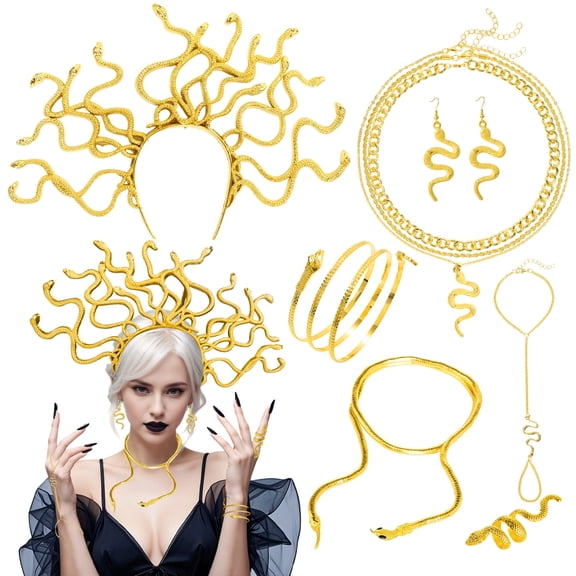 Alaiyaky 7 Pcs Snake Jewelry Set Medusa Snake Headband Greek Goddess Headpiece Medusa Snake Costume Hollween Jewelry for Women