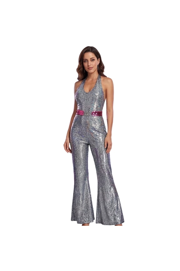 70s 80s Disco Outfit for Women – Holographic Sequin Halter Backless Flared Leg Outfit with Matching Sequin Belt for Disco Theme Party, Festival, Retro Fancy Dress