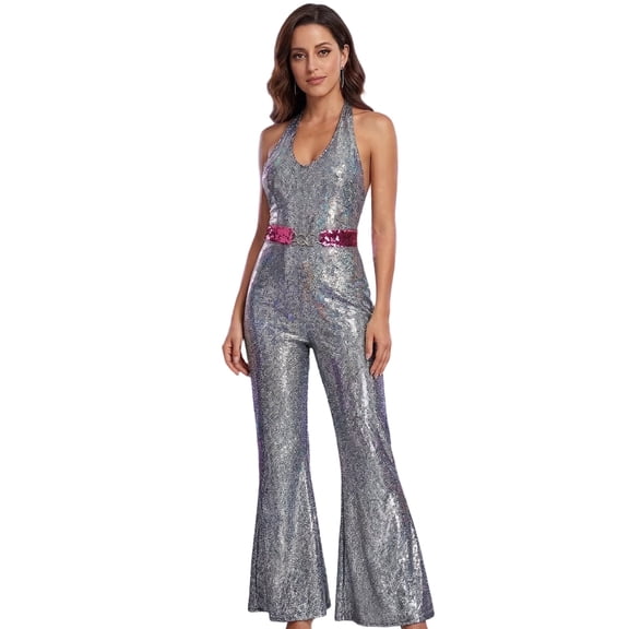Alaiyaky 70s 80s Disco Outfit for Women – Holographic Sequin Halter Backless Flared Leg Outfit with Matching Sequin Belt for Disco Theme Party, Festival, Retro Fancy Dress