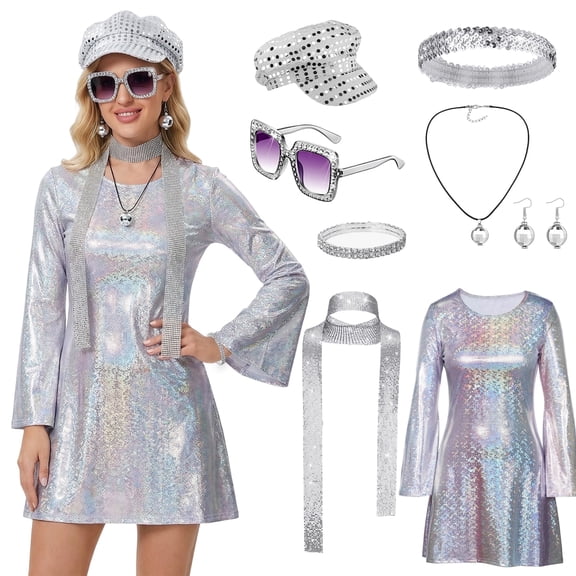 Alaiyaky 70s Disco Costume for Women, 70s Fancy Dress Outfit Ladies Sparkly Disco Dress Costume for 1970s Disco Theme Party