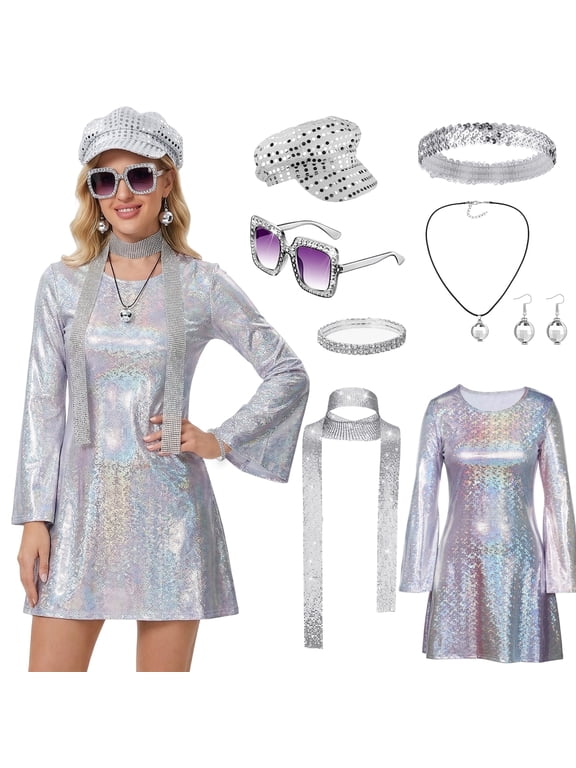 70s Disco Costume for Women, 70s Fancy Dress Outfit Ladies Sparkly Disco Dress Costume for 1970s Disco Theme Party