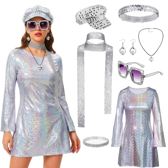 Alaiyaky 70s Disco Costume for Women, 70s Fancy Dress Outfit with Dress Glasses Necklaces Bracelet, Ladies Sparkly Disco Dress Costume for 1970s Disco Theme Party