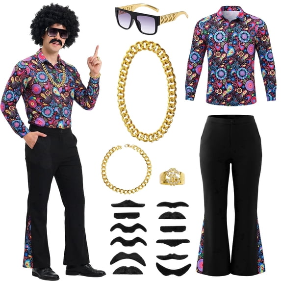 Alaiyaky 70s Disco Outfit Men Disco Costume Set Men with Shirt Flared Pants Accessories 1970s Fancy Dress for Adults Hippie Costume for Halloween Carnival Party
