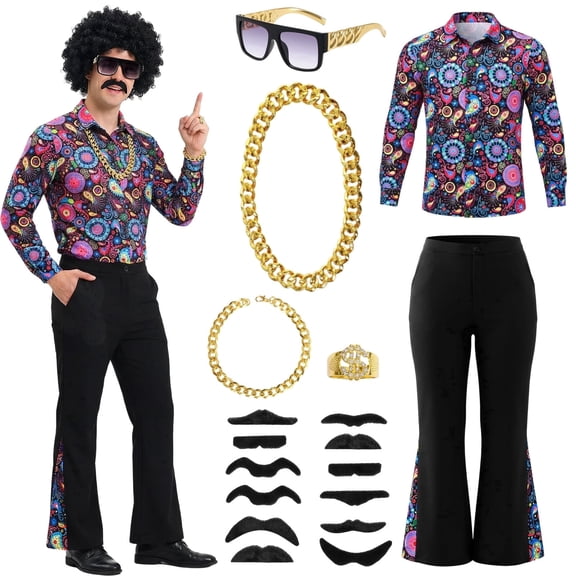 Alaiyaky 70s Disco Outfit Men Disco Costume Set Men with Shirt Flared Pants Accessories 1970s Fancy Dress for Adults Hippie Costume for Halloween Carnival Party