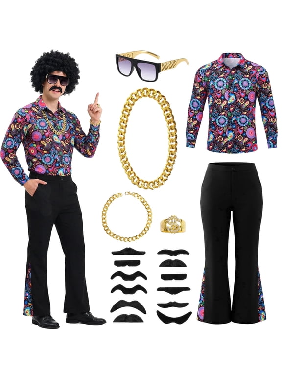 70s Disco Outfit Men Disco Costume Set Men with Shirt Flared Pants Accessories 1970s Fancy Dress for Adults Hippie Costume for Halloween Carnival Party