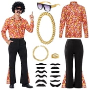Alaiyaky 70s Disco Outfit Men Disco Costume Set Men with Shirt Flared Pants Accessories 1970s Fancy Dress for Adults Hippie Costume for Halloween Carnival Party
