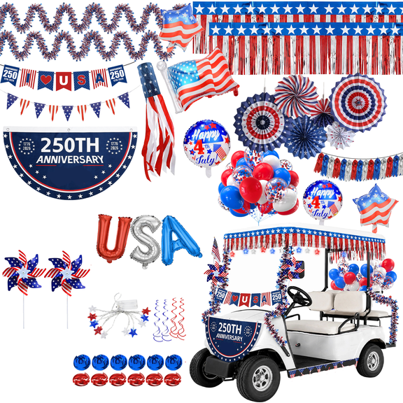 Alaiyaky 72Pcs 4th of July Parade Golf Cart Decoration Kit, Patriotic Parade Golf Cart Decor, Fan Flag, Foil Fringe Garland, Tinsel Garland for Independence Day Memorial Day and Veterans Day