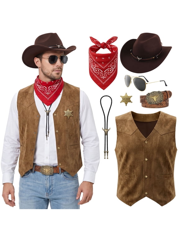 7pcs Cowboy Costume Men,Cowboy Outfit with Waistcoat Hat Glasses Bandana,Adult Hippie Fancy Dress for Cowboy Fancy Dress Men,Halloween,Western Theme Party