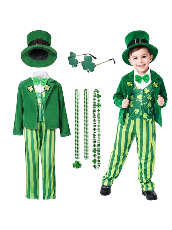 8 Pcs St. Patrick's Day Leprechaun Costume St. Patrick's Day Outfit with Jacket Pants Hat Bow Tie Shamrock Necklaces Glassesfor Irish Cosplay