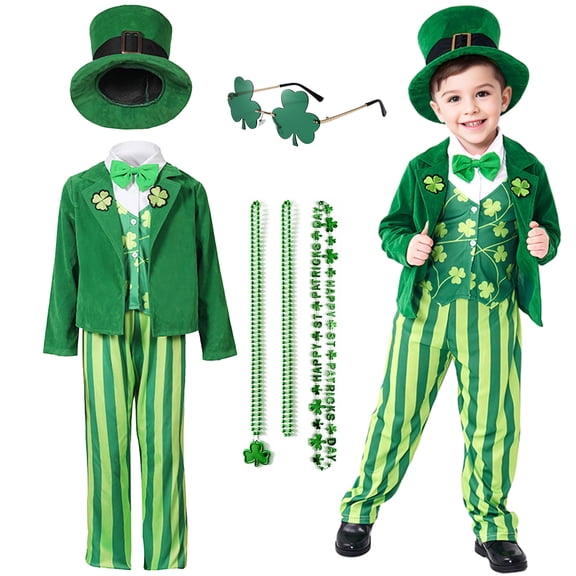 Alaiyaky 8 Pcs St. Patrick's Day Leprechaun Costume St. Patrick's Day Outfit with Jacket Pants Hat Bow Tie Shamrock Necklaces Glassesfor Irish Cosplay