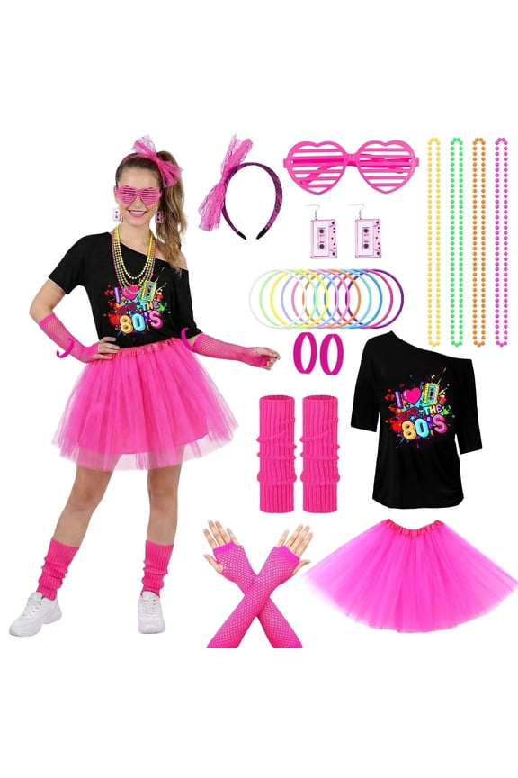 80s Costume Accessories Set for Women – 80s Fnacy Dress Outfit with 'I Love The 80s' T-Shirt, Tutu Skirt, Neon Accessories for 1980s Theme Party, Hen Do, Festival