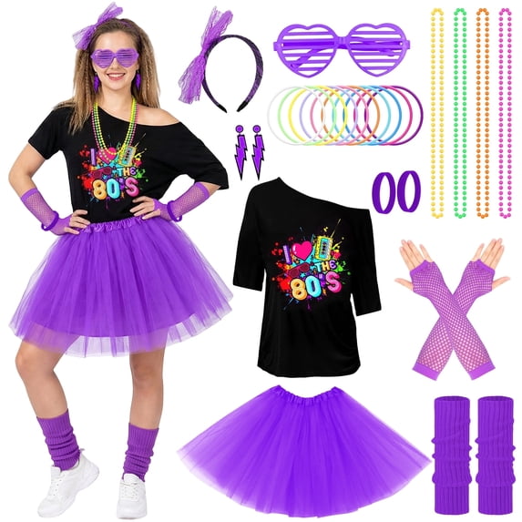 Alaiyaky 80s Costume Accessories Set for Women – 80s Fnacy Dress Outfit with 'I Love The 80s' T-Shirt, Tutu Skirt, Neon Accessories for 1980s Theme Party, Hen Do, Festival