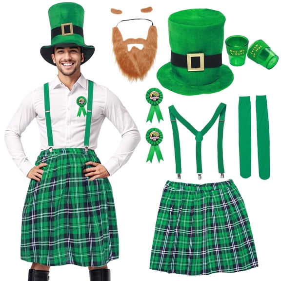 âAlaiyaky 9 Pcs St Patrick's Day Costume Set Irish Plaid Green Kilt Suspenders Faux Mustache Sock Hat Cup Badge for Irish Party Decor