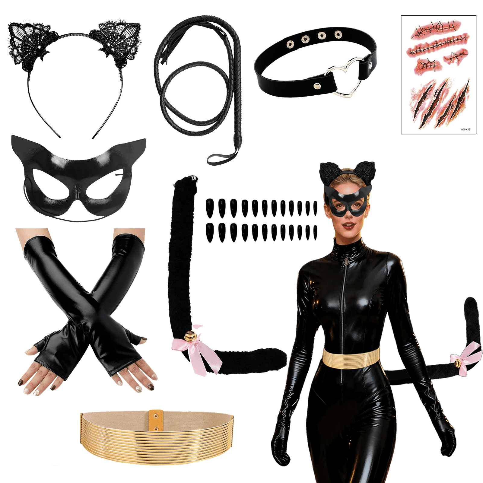 Alaiyaky 9pcs Black Cat Costume for Women, Cat Woman Costume, Fancy Dress Party Accessories Set, Cosplay Accessories for Women Halloween Cosplay
