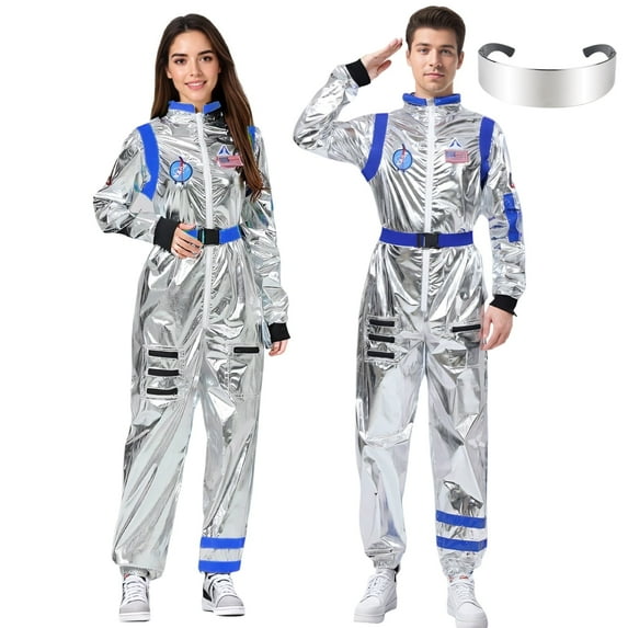 Alaiyaky Adult Astronaut Costume, Space Costume Halloween Fancy Dress Silver Spaceman Cosplay Astronaut Uniform Jumpsuit Outfits Halloween Book Day Party Dress Up