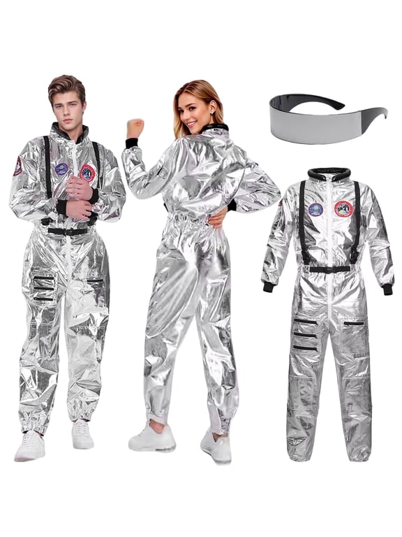 Adult Astronaut Costume, Space Costume Halloween Fancy Dress Silver Spaceman Cosplay Astronaut Uniform Jumpsuit Outfits Halloween Book Day Party Dress Up