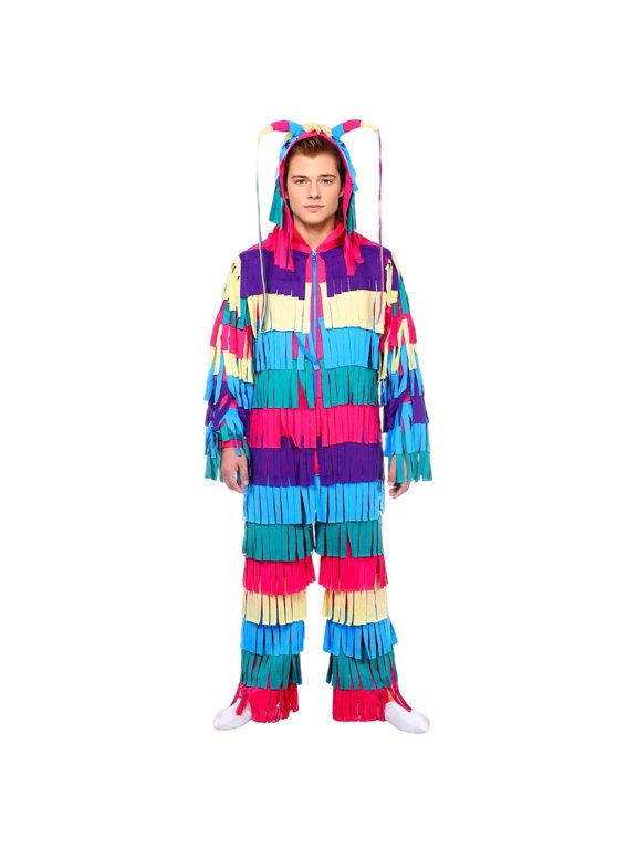 Adult Pinata Costume Multicolored Jumpsuits for Halloween Unisex Costume Hooded Jumpsuits Funny Fiesta Outfits