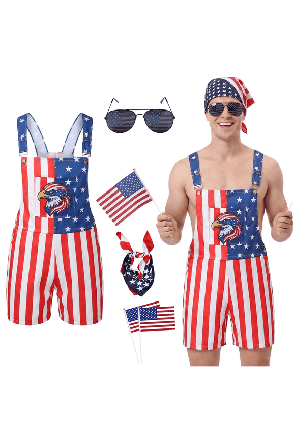 American Flag Overalls Shorts for Men Women 4th of July Costume Red White and Blue American Flag Overalls