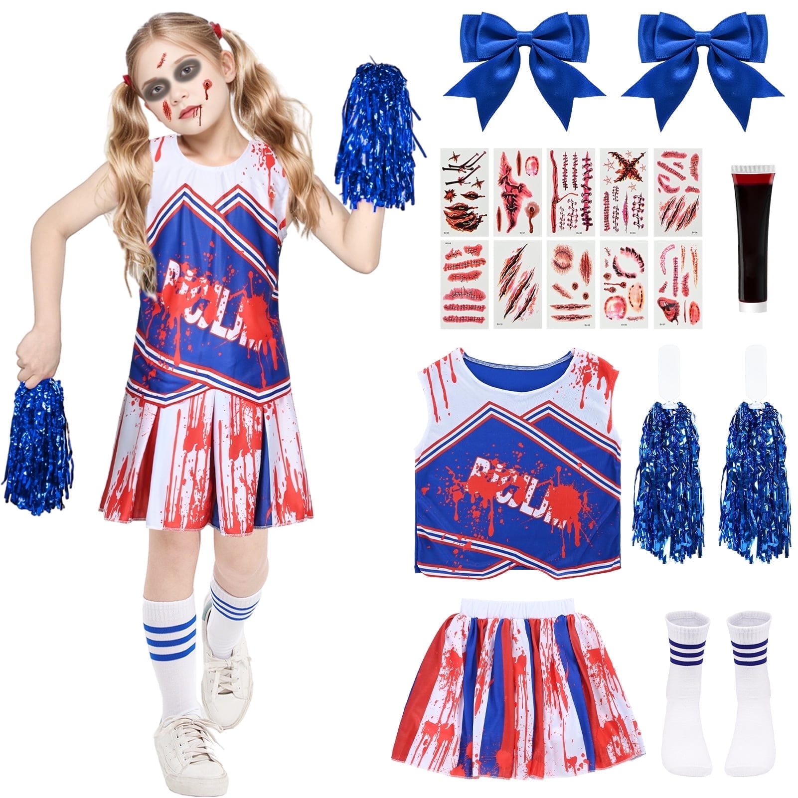 Costume Halloween Bambina Zombie Cheerleader Con Calzini E Tatuaggi – Vestito Carnevale Horror