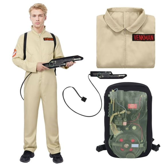 Alaiyaky Ghost Hunter Costume for Adult, Jumpsuit and Inflatable Backpack, Beige, Perfect for Halloween, Groups, and 80s Theme Fancy Dress Events Proton Pack