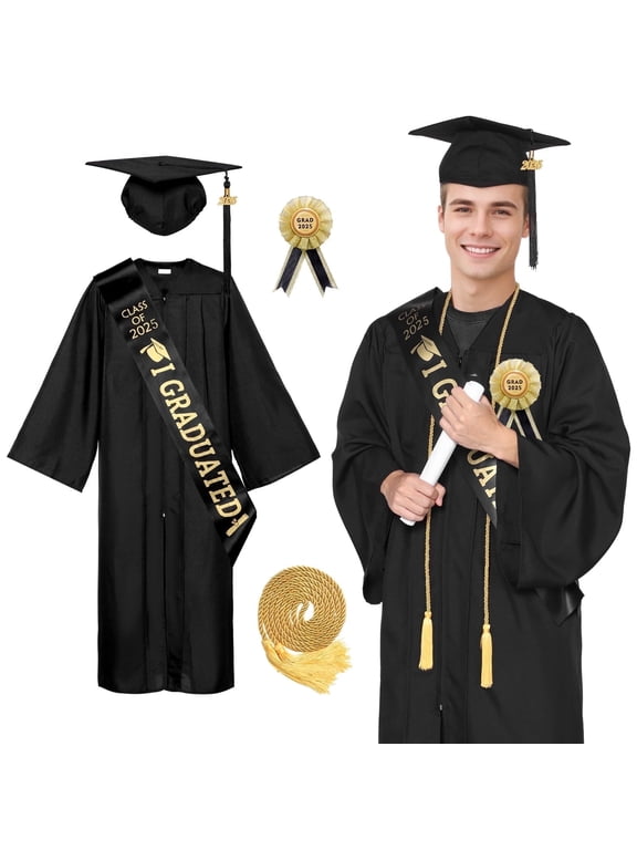 Graduation Gown and Cap Set with 2025 Tassel, Honor Cord, Sash, and Custom Boutonniere for High School and College Graduates