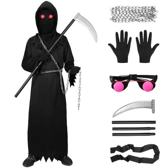 Alaiyaky Grim Reaper Costume, Halloween Scary Grim Reaper Fancy Dress with Scythe Glowing Glasses, Grim Reaper Costume Scary Halloween Costume