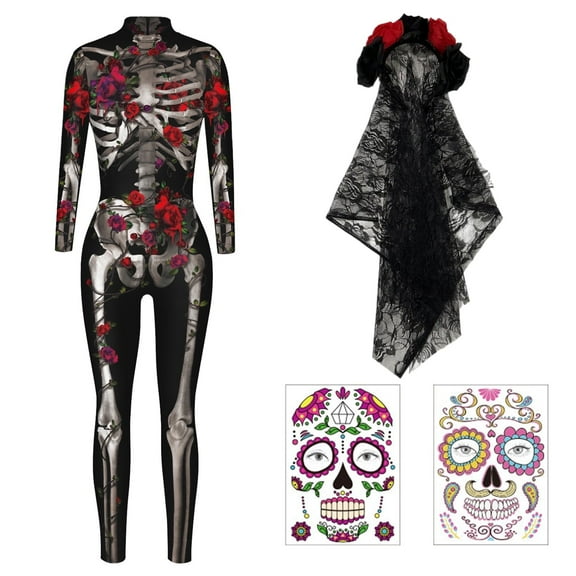 Alaiyaky Halloween Costumes for Women 3D Print Skeleton Jumpsuit Skeleton Costume Sexy Bodycon Bodysuit Vampire Costume Adult Spooky Costume Design's for Parties